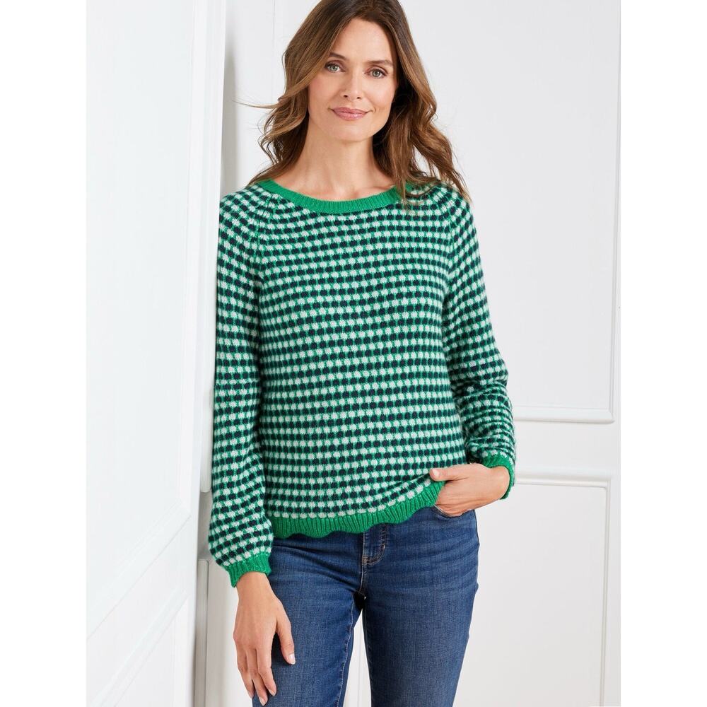 NWT Talbots Jacquard Crewneck Pullover Festive Geo Size Small Green Scallop Hem